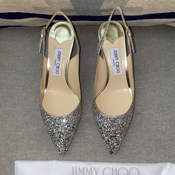 Jimmy Choo Erin 60 latte glitter metallic silver heels pump slingback SZ 39.5 - Picture 4 of 10